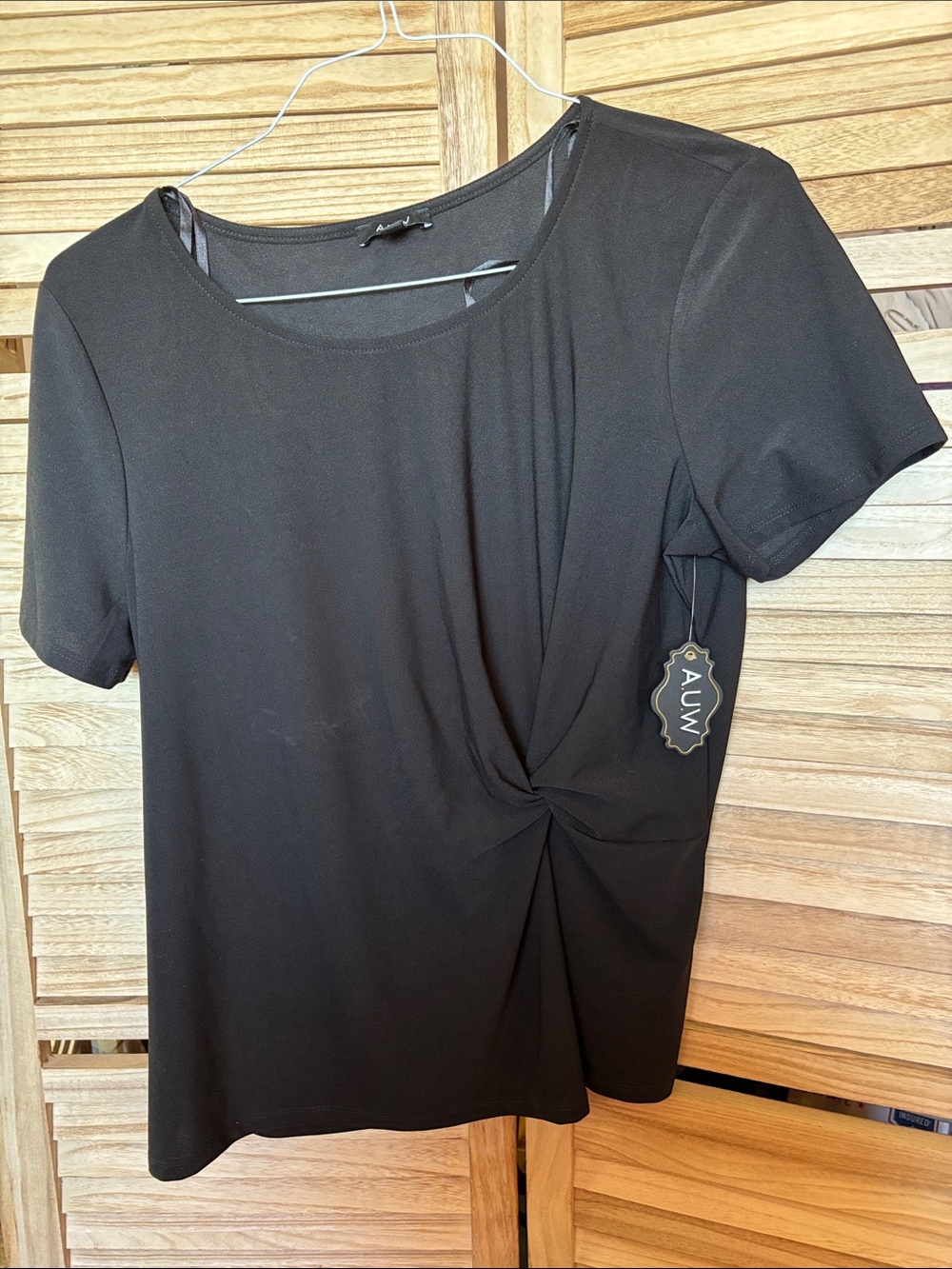 AUW Black Short Sleeve Twist-Front Tee Large NWT